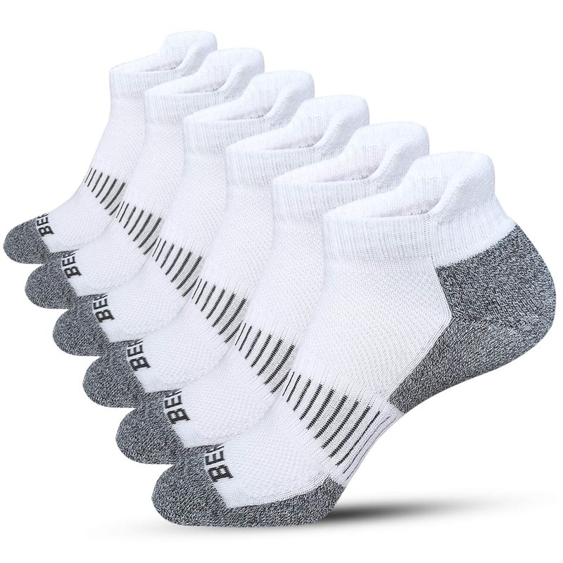 BERING Men's Athletic Running Ankle Socks Cushioned Heel Tab, Size 9-12, White, 6 Pairs - Image 1